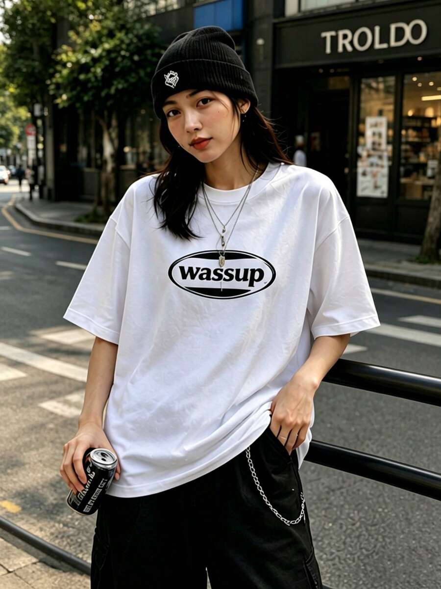 Envío local:Playera para Mujer con Estampado "Wassup", Camiseta Básica Blanca Manga Corta Cómoda para Uso Diario, Trabajo y Paseos - Blanco - Ver 1