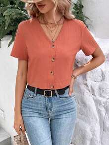 con botones frontales sólidos, blusas de mujer, tops de manga corta - Óxido marrón - Ver 2