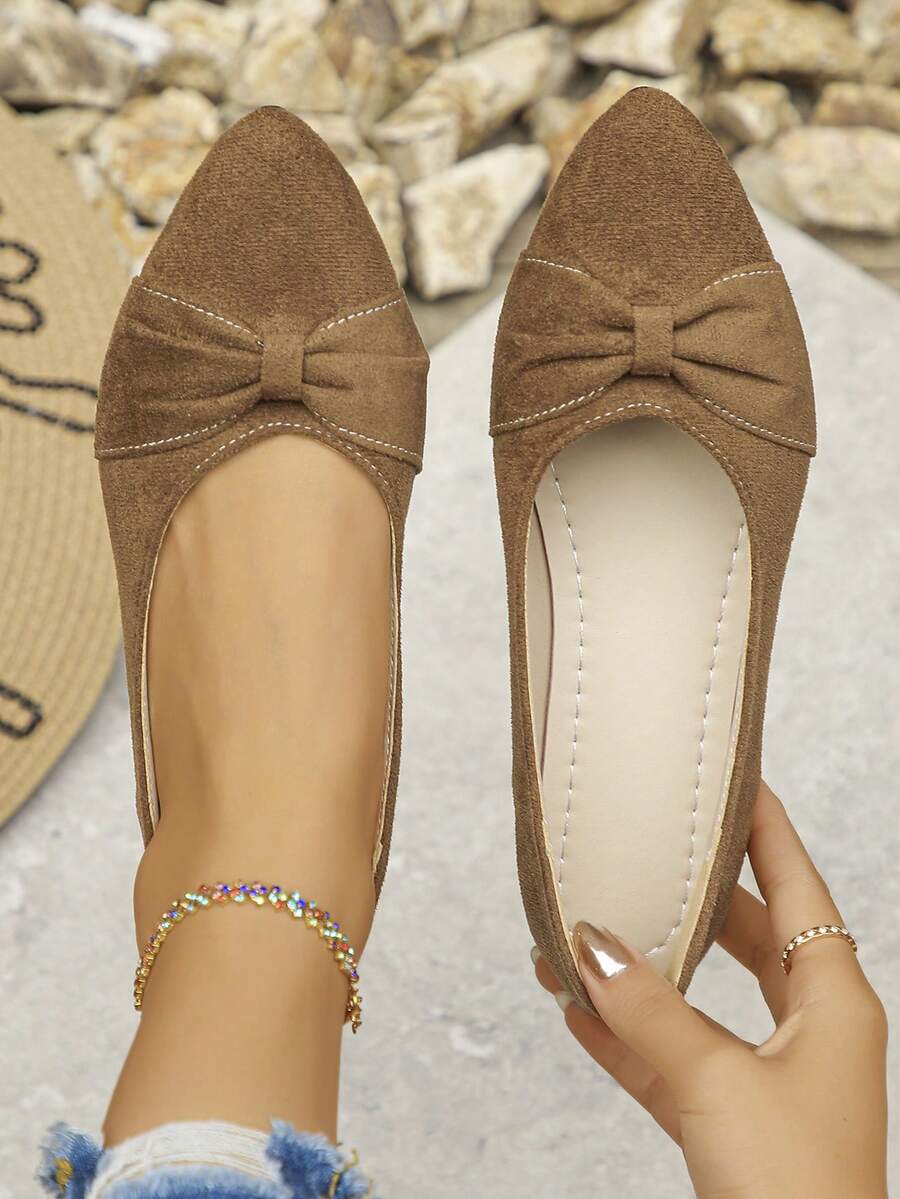Wide Fit Women's Low Vamp Pointed Toe Low Heel Shoes, Dark Brown Suede Bow Decor Slip-On Mules, New Spring/Summer Casual Commute Flats, Comfortable Plus Size 36-43