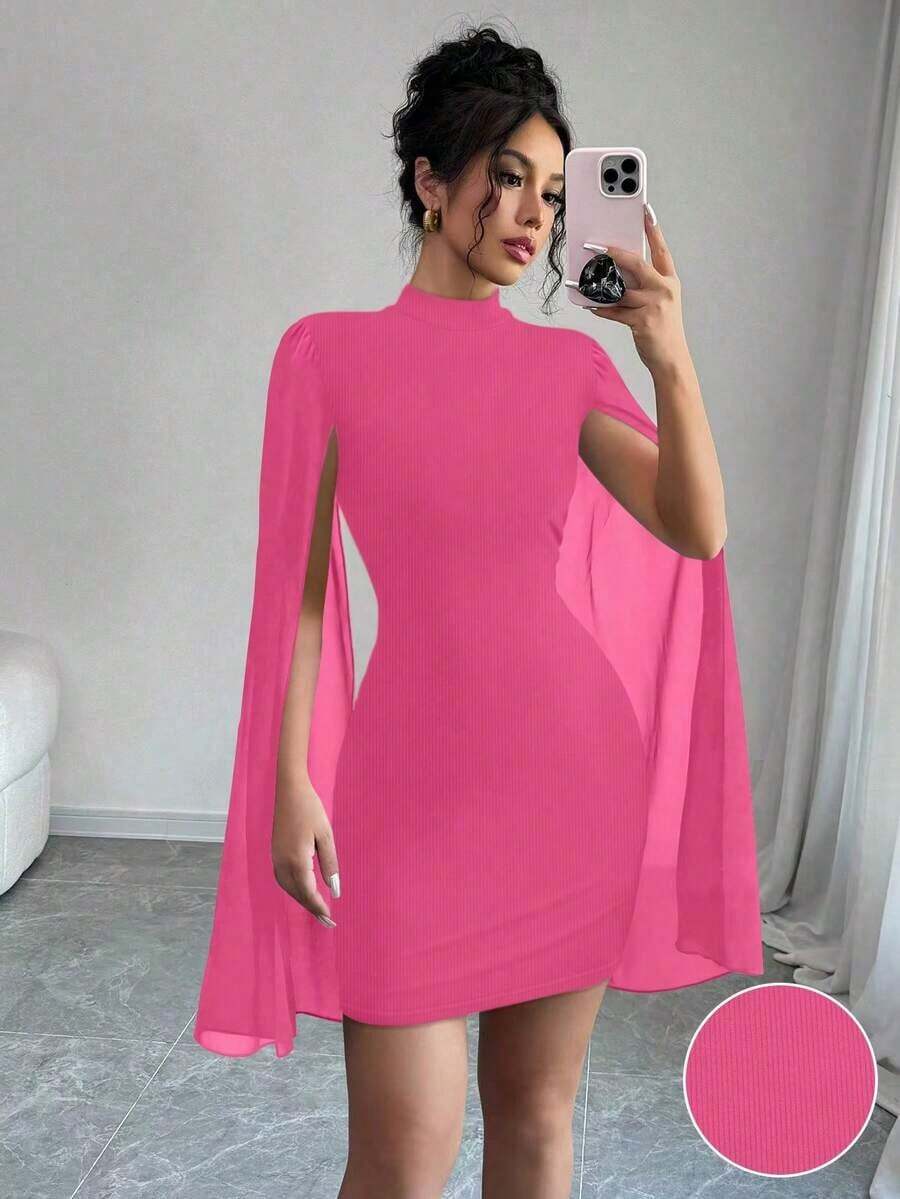 Vestido de capa ajustada con cuello mao de unicolor - Rosa Fucsia - Ver 1