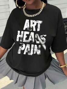 Fashion Printed T-Shirts For Women, Oversized Streetwear Tops, Comfortable And Stylish All-Match Summer TeesINAWLY Women's Fashion Loose Crew Neck Short Sleeve Letter Print Graphic Summer Tee For Women - 黑色 - 查看 1