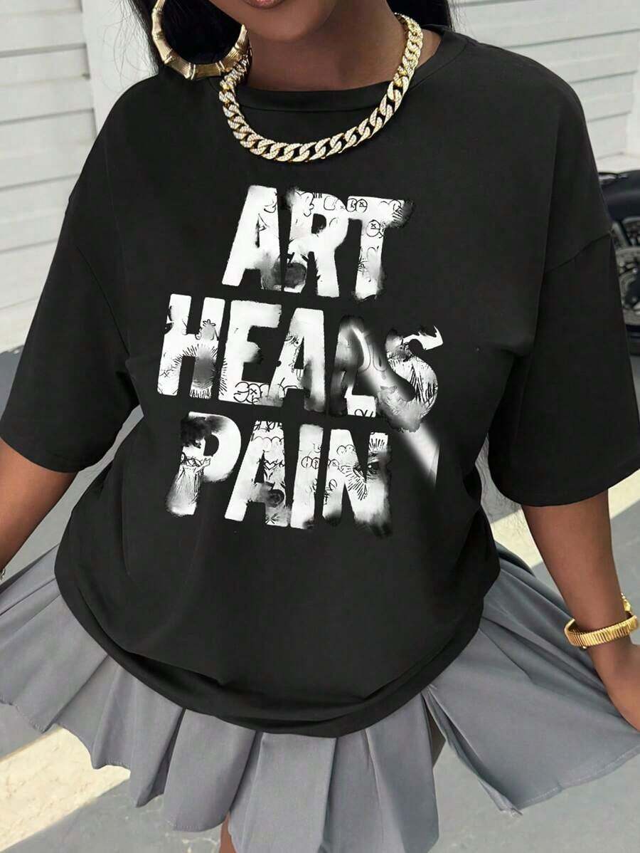 Fashion Printed T-Shirts For Women, Oversized Streetwear Tops, Comfortable And Stylish All-Match Summer TeesINAWLY Women's Fashion Loose Crew Neck Short Sleeve Letter Print Graphic Summer Tee For Women - 黑色 - 查看 1