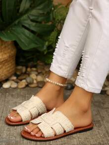 Women's White Jacquard Fabric Flat Slide Sandals, Open Toe Slip-On Casual Slippers, Non-Slip Soft Sole Summer Beach & Daily Wear - Beige - View 4