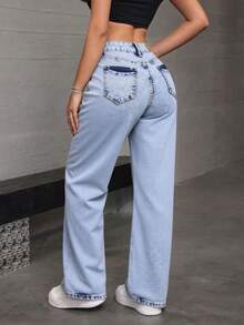 Straight-Leg Dark Blue Denim Jeans With A Butt-Lifting Effect And A Loose, Stretchy Fit - 淺藍色雪花 - 查看 4