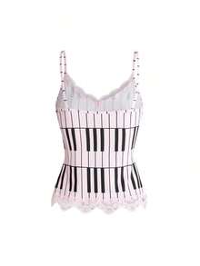 ROMWE Conjunto de 3 piezas con camiseta de tirantes con encaje y estampado de notas musicales y teclado de piano, estilo retro Y2K - Rosa - Ver 4
