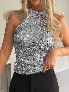 Blusa de mujer con hombros al descubierto y lentejuelas, adecuada para bodas, galas, vuelta al colegio, festivales de música, fiestas del Día de la Madre, vacaciones en la playa - Plateado - Ver 5