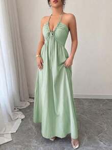 Vestido con cuello halter, espalda anudada y diseño calado acampanado - verde menta - Ver 5