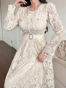 Vestido elegante de encaje de alta calidad con cintura ajustable, bordado, de estilo coreano suave y elegante - Beis - Ver 6