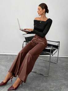 Pantalones de piel lisos con botón delantero, pantalones casuales minimalistas para mujer, para uso diario, prendas inferiores para mujer - Marrón Chocolate - Ver 2
