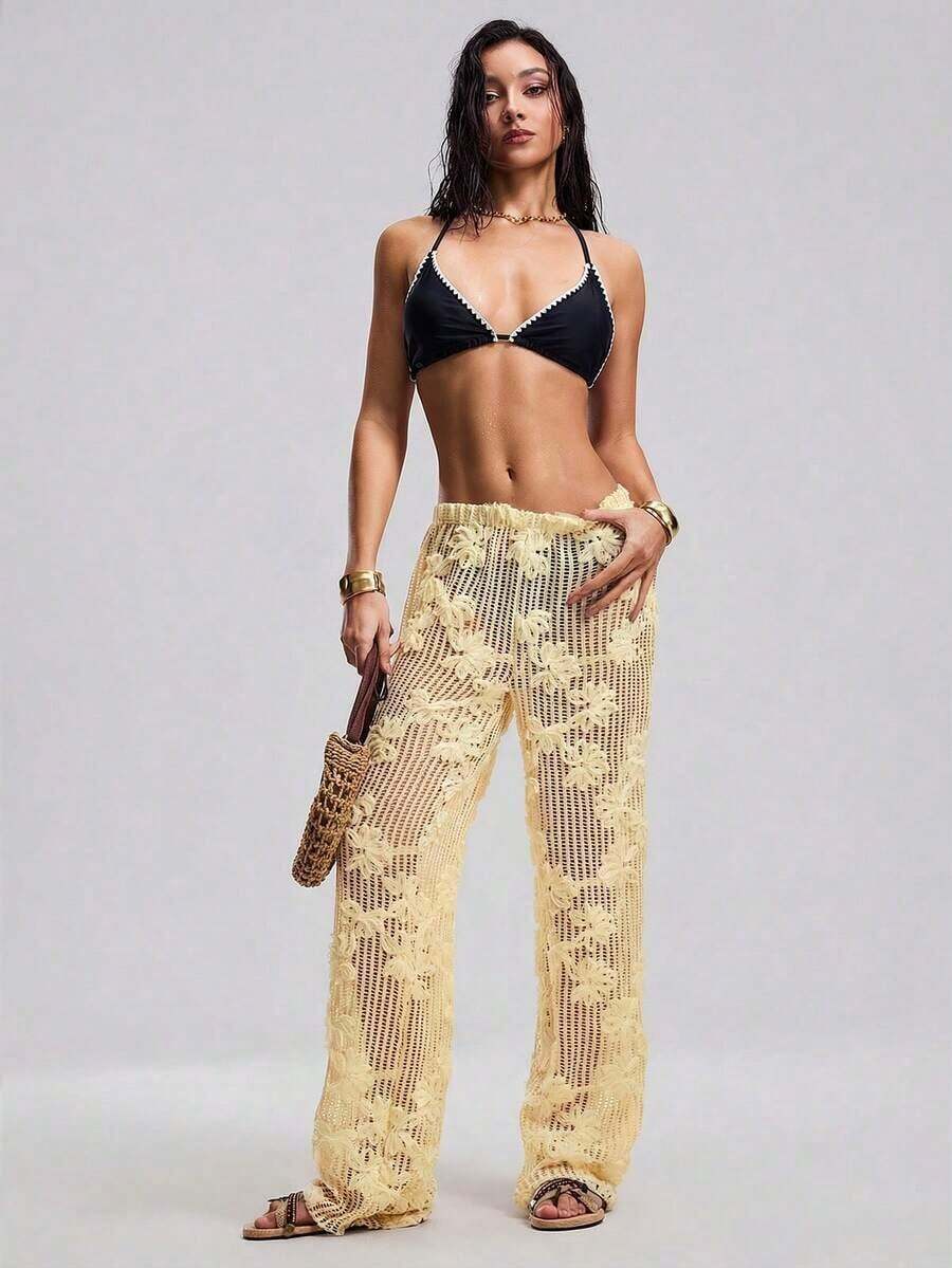 Swim Chiccia Atuendo de verano para mujeres, pantalones anchos y sueltos, tipo pareo para la playa, con diseño de malla calada y bordado floral - Amarillo - Ver 1