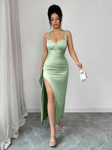 abyoxi Vestido de satén con tirantes finos, espalda descubierta y abertura alta, elegante y sexy, moda joven, adecuado para citas, cenas formales, vacaciones, bodas, cumpleaños, fiestas, vestido largo ajustado y elástico, para primavera/verano - Verde Claro - Ver 4