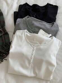 Camiseta de manga larga con cuello de pico casual y decoración de botones de unicolor para mujer - Multicolor - Ver 5