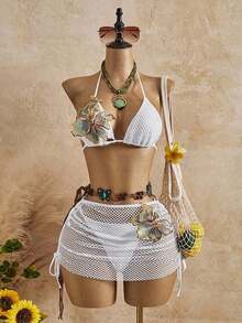 Bellisia Conjunto de bikini de 3 piezas con estampado floral de tela texturizada, traje de baño con falda, conjunto de falda de playa para vacaciones de primavera/verano, conjunto de falda de bikini marrón de 2 piezas para mujer - Blanco - Ver 4