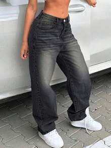 Jeans rectos holgados y apilados de estilo vintage para mujer, casuales para primavera - Gris Oscuro - Ver 3