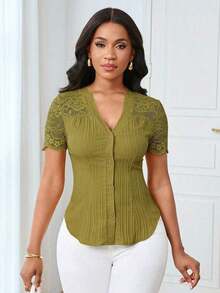 Camisa casual de mujer de unicolor y estilo simple para uso diario, verano - Verde Oliva - Ver 3