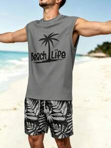 Conjunto de camiseta sin mangas y pantalones cortos con estampado de palmeras degradado para hombre, adecuado para vacaciones de verano y uso diario - Verde - Ver 8