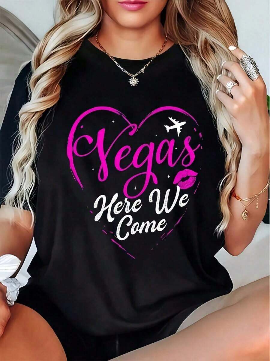 Gift: 1 Women's Las Vegas Lips Print T-Shirt, Round Neck, Casual Cotton T-Shirt, Medium Stretch Knit Fabric, Regular Fit, For Spring/Summer/Autumn, Soft - 黑色 - 查看 1
