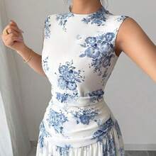 Women's Elegant Floral Print Ruched Waist Sleeveless Casual Dress - Rosa Fucsia - Ver 7