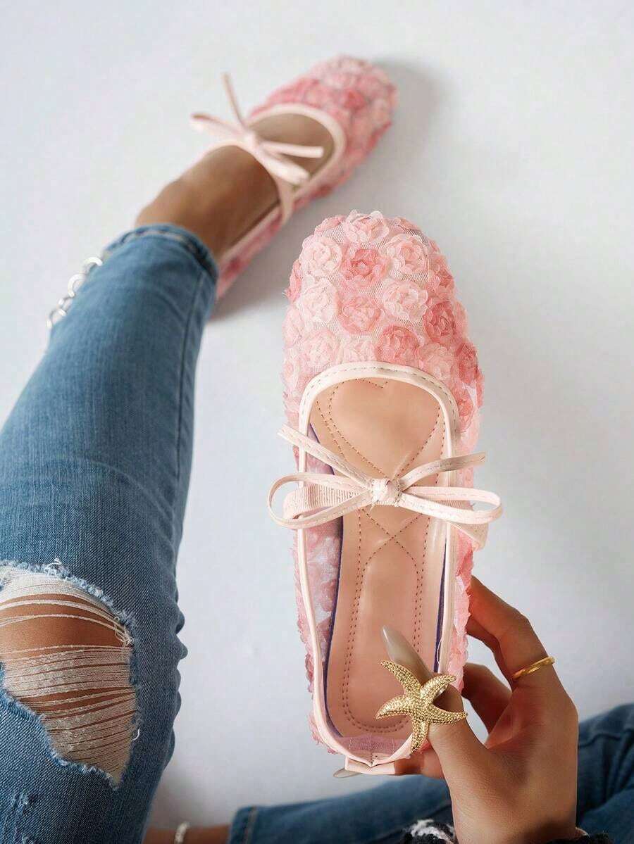 White Women's Flat Ballet Shoes With Bow Decor, Floral Embroidery, Summer; Black Breathable Hollow Mesh Sandals With Square Toe And Sequin Decor, Suitable For Wide Feet, Mary Jane Shoes,Mothers Day Gift - màu đen - Xem 1