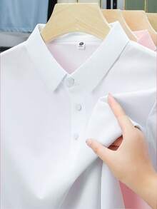 女士Polo衫，夏季时尚纯色轻薄透气Polo领短袖T恤，常规版型，略带弹性，舒适百搭，适合日常休闲穿着。 - 白色 - 查看 4