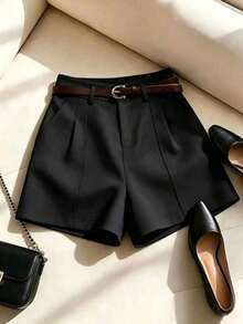 cortos de mujer de estilo francés, sencillos y de moda, tejidos en color albaricoque sólido, de estilo casual y para ir al trabajo, con cinturón; de corte retro, cintura alta, silueta evasé y pernera ancha; pantalones cortos elegantes - Negro - Ver 1