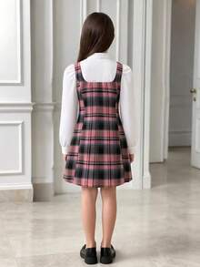Girls' Preppy Style 2-In-1 Dress, 8-12 Years Old, Princess Dress, Pink Plaid Patchwork White Shirt + Bow Decor + Hidden Zipper + Double Split Hem Design, Children's Dress, Party / Performance - Pink - View 2