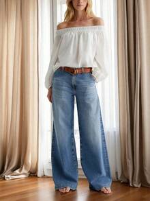 Plus Size Friendly High Waist Wide Leg Jeans, Curvy Women's Everyday & Office Outfit, Loose Fit Denim Pants, Stretchy & Comfortable Fabric, Wrinkle Resistant, All Season Wear, Spring Summer Fall Trousers, Curvy Brunch & Errands Wear, Plus Size Jeans, Plus Size Wide Leg Denim Pants, Plus Size High Waist Jeans, Curvy Loose Fit Jeans, Plus Size Casual Denim Pants, Plus Size Vintage Style Jeans, Plus Size Everyday Pants - 淺藍色[顯瘦通勤百搭款] - 查看 2