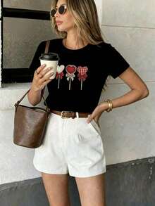 Camiseta de mujer de cuello redondo de algodón de manga corta, diseño retro dulce con estampado de piruleta, ajuste cómodo, adecuada para uso casual de primavera/verano - Negro - Ver 5