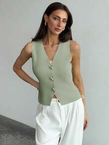 Blusa sin mangas de punto de un solo pecho con tirantes anchos, casual de verano, para otoño/invierno, verano, vacaciones, simple para ir al trabajo, con hebilla metálica única para oficina - Verde - Ver 3
