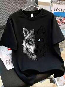 Camiseta de manga corta para niños con estampado de cabeza de lobo, con diseño geométrico realista de cabeza de lobo con ojos azules, de corte holgado y cuello redondo, casual y cómoda, adecuada para uso diario, escuela y transporte - Negro - Ver 7