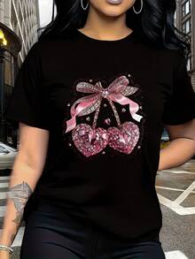 Women's Casual Short-Sleeved T-Shirt, Regular Fit Round Neck Top, Machine Washable, A Must-Have For Spring And Summer, Soft And Comfortable, Women's T-Shirt With Cartoon Pearl Heart Imitation Print. - 黑色 - 查看 1