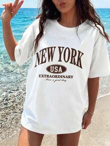 Camiseta de Mujer de Manga Corta con Cuello Redondo y Estampado de Letras Casual, Estilo Nueva York, Ajustada, Mezcla de Algodón, Ideal para el Verano, Colección Regreso a Clases - Blanco - Ver 5