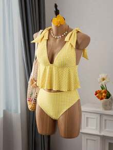 Mod Conjunto de traje de baño de 2 piezas para mujer con top corta de tirantes finos con estampado de cuadros y nudo delantero, y Bottom tipo bikini con cordón en la cintura, para verano - Amarillo - Ver 6