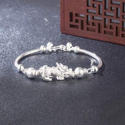 Pulsera de Pixiu de plata de moda, pulsera de cuero de Pixiu con cuentas en forma de media luna y campana, joyería minimalista y elegante