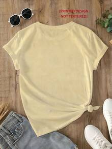 Camiseta manga corta cuello redondo 100% algodón, estampado trendy, tejido ligero y ventilado, estilo moda casual, apta para vida diaria, salidas informales y citas en primavera, verano y otoño - Champán - Ver 6