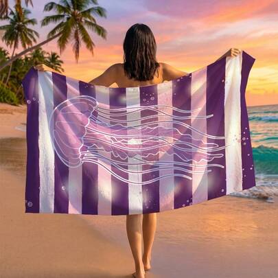 1pc Jellyfish Striped Print Beach Towel, Suitable For Travel, Outdoor Camping, Beach, Swimming, Beach Vacation