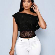 Women's Elegant Music Festival Sheer Lace Black Lace Panel Detail Asymmetrical Neck Loose T-Shirt,Stylish Casual Party Top - Negro - Ver 5
