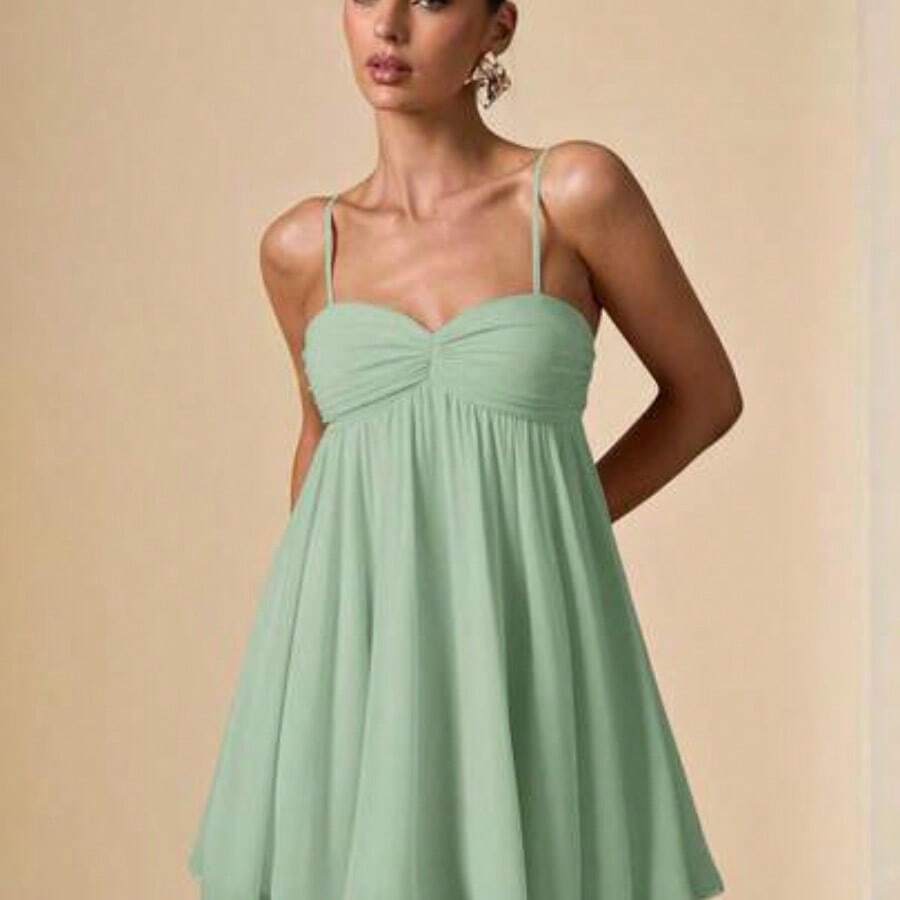 Sleeveless Spaghetti Strap Solid Pink Elegant Sweet Cute Mini Sundress, Mini Dress, Suitable For Romantic Dates, Parties, Formal Gatherings, Bridesmaid Dresses, Women's Summer Dress, Tea Party Dress, New Year, Valentine's Day, Birthday Mini Dress, Pink Dress, Casual Dress, Summer Dress - verde menta - Ver 1