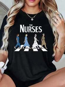 Nueva camiseta de cuello redondo para mujer, manga corta, holgada, casual y versátil con‌estampado de enfermera‌, tejido suave y de buena caída blusas para mujer playeras de mujer blusas casuales para dama - Negro - Ver 6