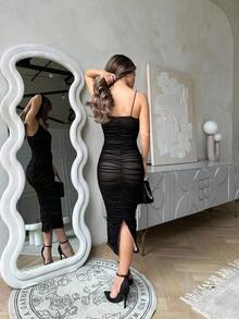 Vestido lencero bajo con abertura fruncido de malla - Negro - Ver 2