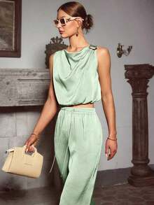 Sollinarry Conjunto de top sin mangas con cuello mao y hebilla metálica decorativa, y pantalones holgados con cintura ajustable con cordón, apropiado para salidas, vacaciones y festivales de música, elegante - Verde Claro - Ver 3