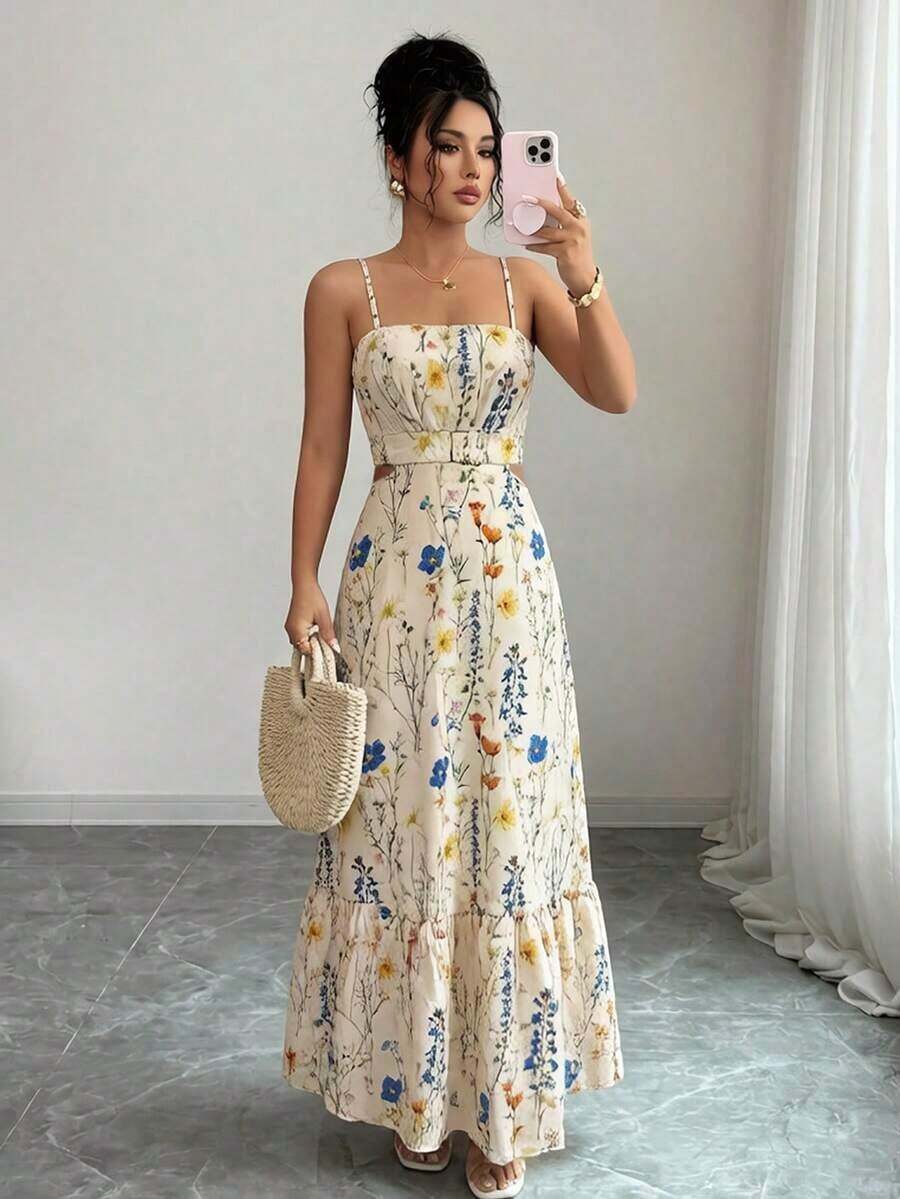 Vestido largo elegante de mujer con estampado y cintura ceñida - Multicolor 5 - Ver 1