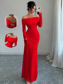 Vestido largo de punto acanalado con manga larga, cintura ceñida, hombros descubiertos, espalda descubierta, doblez de cola de pez, elegante y sexy, color blanco, para otoño/invierno, atuendo de mujer maxi - Rojo - Ver 8