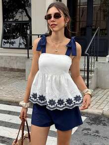 Frenchy Set informal de 2 piezas de top sin tirantes con recorte en contraste y shorts con lazo - Multicolor 2 - Ver 6