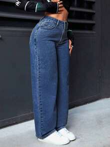 PETITE Jeans rectos de pierna suelta y lavados para mujer - Azul lavado medio - Ver 6