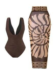Swim Oasis Set de 2 piezas que incluye 1 traje de baño entero de un solo color y 1 falda larga de malla para playa, verano y vacaciones - Café integral - Ver 2
