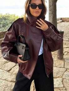 Chaqueta de cuero sintético vintage de motocicleta para mujer 2026, con cuello alto, cremallera y parches, corte holgado para invierno - Burdeos - Ver 5