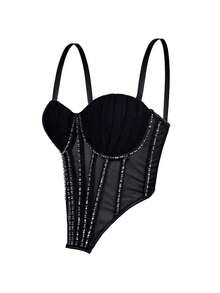 Top corset de malla transparente con lentejuelas, estilo punk gótico con pedrería, para mujer, sexy y elegante para usar en discotecas o de manera casual en verano - Negro - Ver 12