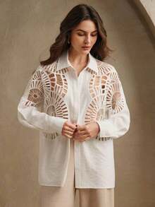 Camisa de mujer con cuello versátil de encaje soluble y empalme hueco, para primavera/verano - Blanco - Ver 2