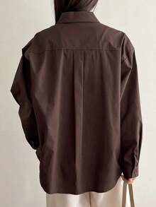 Camisa holgada con botones y hombros caídos, manga larga, ropa de otoño - Marrón Chocolate - Ver 2
